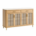 Buffet 160 x 40 x 90 cm en bois beige et verre strié avec rangement style contemporain