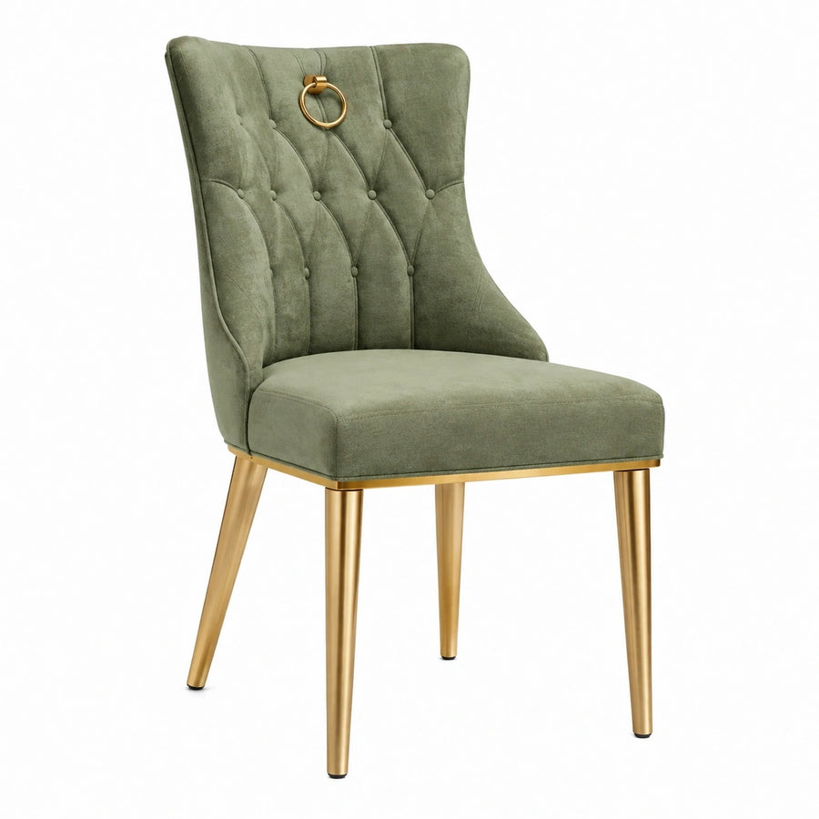 Chaise de salle à manger 55 x 62 x 91 cm en velours vert pieds métalliques style capitonné